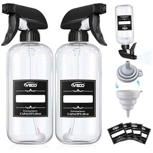 Veco 10oz Spray Bottle with Adjustable Nozzle, 360¡Æ Water Spray Bottles for Cleaning Solution, Plastic Spray Bottles for Hair Cooking Plant Pet, No Leak and Clog (2 Pack & Foldable Funnel)