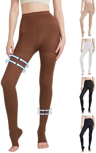 MGANG Medical Compression Pantyhose for Women & Men, 20-30mmHg Graduated Compression Support Tights, Open Toe, Opaque Waist High Compression Stockings for Edema, Varicose Veins, Flight, DVT, Brown M