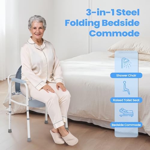 Careboda Bedside Commode Chair with Bucket for Seniors, Portable Extra Wide Commode Seat for Toilet, Folding Steel Chair with 5 Adjustable Heights, 350 Pound Support Capacity, 7.5 Qt. Bucket