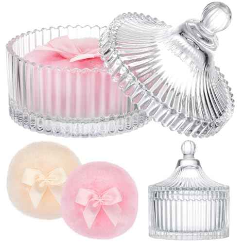 Tioncy 3 Pcs Large Body Powder Puff and Container Powder Container with Puff Crystal Case Soft Washable Reusable Velour Face Body Glitter Wet Dry Makeup(Simple,Clear)