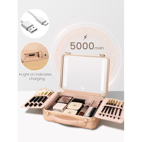 ROWNYEON Light Up Travel Makeup Case With Mirror - Portable Makeup Organizer and Train Case for Makeup Artists and Girls (Pink)