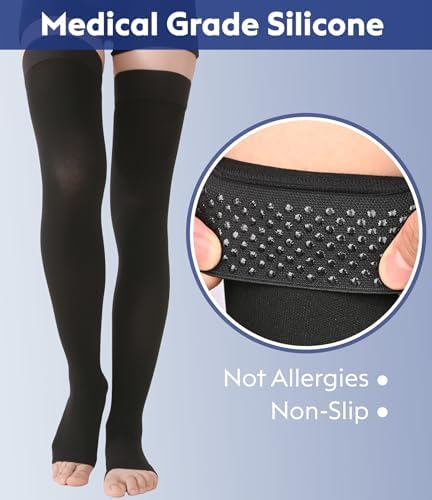 Thigh High Compression Stockings Toeless - Unisex, Opaque, KEKING 15-20mmHg Graduated Compression Leg Support Hose with Anti-Slip Silicone Band - Swelling, Varicose Veins, Edema, Travel, Black Large