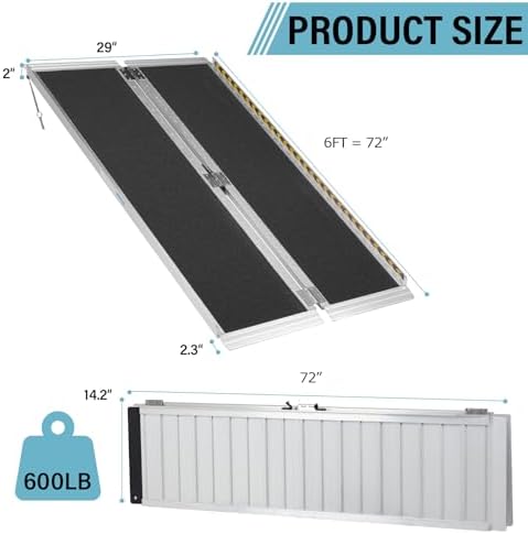 6FT Portable Wheelchair Ramp, Non-Slip Aluminum Folding Handicap Home Steps Scooter Door Threshold Ramp for 6 inch -18 inch Step Heights 600 lbs Capacity 28in Wide Single Fold Ramp