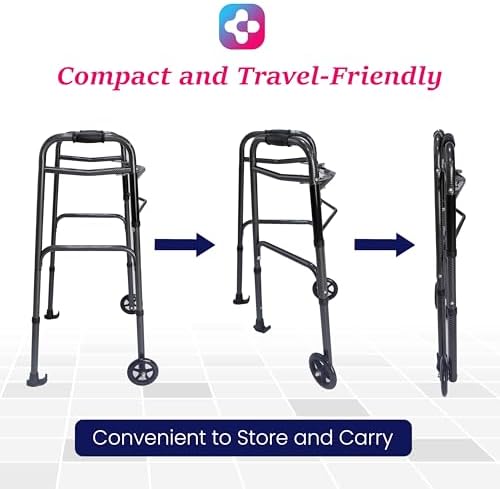Dr. Aid Premium 2 Button Folding Walker with Wheels, Rolling Front Wheel Walker, Lightweight Walkers for Seniors, Extra Light & Durable Carbon Fiber Aluminum Frame, Adjustable Height, Carbon Black