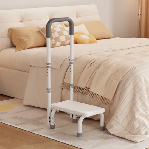 Step Stool with Handle for Ederly and Non-Skid Platform, Height Adjustable Heavy Duty Steps Foot Stool for Adult, Seniors, Foot Stool for Bedside, Kitchen,Bathtub Car,Safely Load 440 lbs. (White)