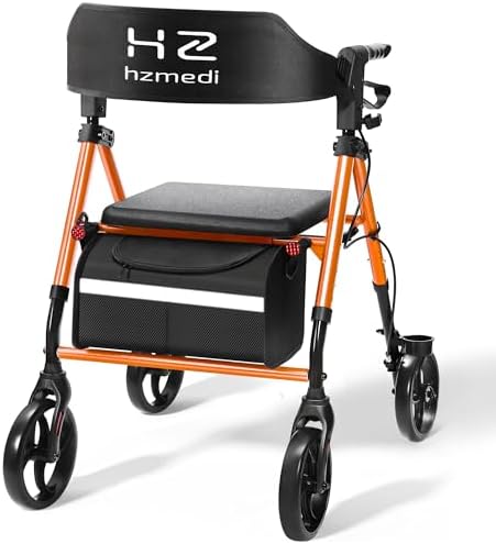 Walkers for Seniors with Seat, 8" Big Wheels Adult Lightweight Rollator with Backrest, Dual Adjustable Height Foldable Aluminium Medical Rolling Walker with Brakes| Deep Orange