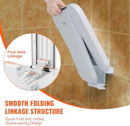 VEVOR Folding ABS Shower Seat, 15.7'' x 16.7'' Unfolded, Wall Mounted Fold Up Shower Bench with 440 lbs Load Capacity, Space Saving Fold Down Shower Chair for Seniors Pregnant Women Children Adults