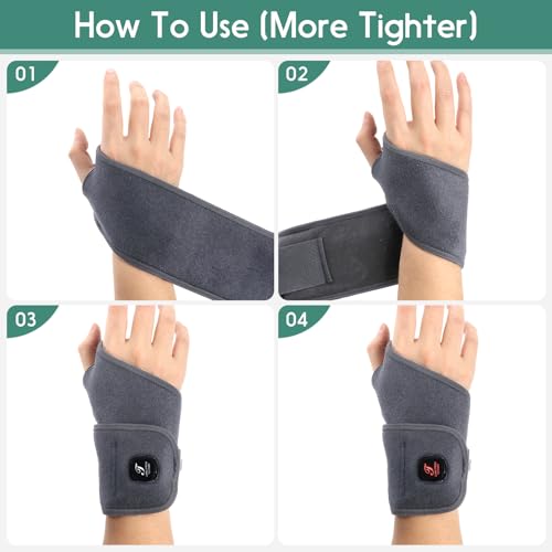 Heated Wrist Wrap Cordless, Wrist Heating Pad for Pain Relief, 3000mAh Rechargeable Wrist Warmers for Men Women, 3 Heat Levels Carpal Tunnel Wrist Brace with 30 Mins Auto-off (Grey)