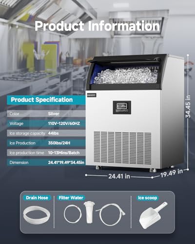 EUHOMY Commercial Ice Maker,350lbs/24H,Stainless Steel Under Counter Ice Machine with Water Filter,44lbs Storage Capacity, 126 Cubes in 8-12 Mins, Freestanding Ice Machine for Home/Bar/Cafe/Restaurant