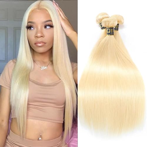 QTHAIR #613 Blonde Hair Straight Human Hair Bundles (10" 12" 14",300g)16A Grade 100% Brazilian Color #613 Platinum Blonde Straight Brazilian Virgin Human Hair 3 Bundles