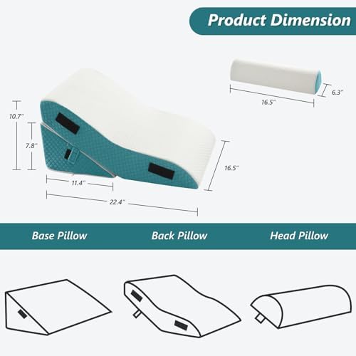 Bed Wedge Pillow Set for Sleeping 3 PCS - 16.5" Wide Triangle Pillow for Back Leg Pain Relief with Washable Cover - 35D Foam Wedge Pillow Post Surgery for Acid Reflux & Snoring (White Blue)