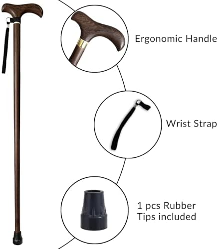 Handmade Wooden Walking Cane for Men Women Stylish Natural Wood Walking Sticks with Wrist Strap and Rubber Tips - 36 Inches