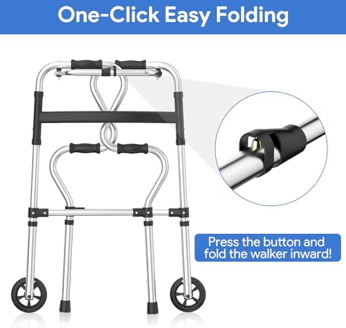 Walkers for Seniors, Folding Walker, Narrow Walkers for Small Spaces, Standard Walker Height Adjustable, Front Wheeled Rolling Walker, Upright Mobility Aid for Seniors and Handicap, Up to 300 Pounds