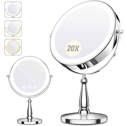 Makeup Mirror with Lights, 20X Magnifying Mirror with Light for Women, 5000 mAh Vanity Mirror with Lights and 3 Colors, 2-Sided Lighted Magnified Mirrors for Delicate Makeup, 9 Inch