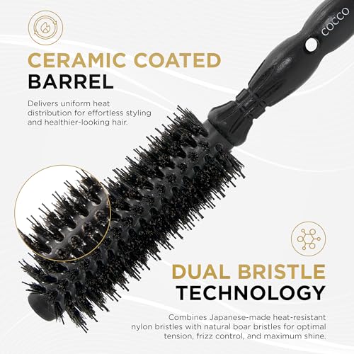 COCCO Black Series Ceramic Boar Brush S3, Hair Styling Brush with Dual Bristle Technology, Ceramic-Coated Barrel, Ergonomic Design, 41 mm