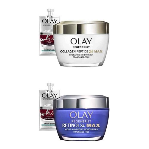 Olay Regenerist Collagen Peptide 24 MAX Hydrating Face Moisturizer (1.7 Oz) and Retinol 24 MAX Night Face Cream, Fragrance Free (1.7 Oz) + 2 Travel Size Whip Face Moisturizers