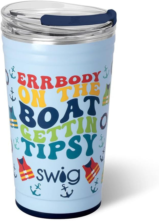 Swig Life 24oz Party Cup, Stackable Insulated Travel Coffee Tumbler with EZ Slider Lid, Cup Holder Friendly, Stainless Steel 24 oz Tumbler, Reusable Coffee Mug (Errbody Boat)
