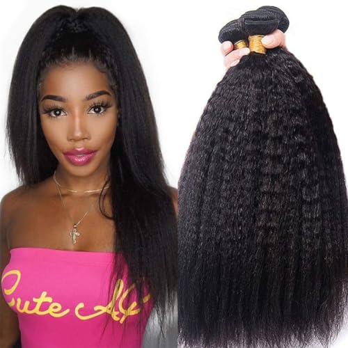 Hair Bundles 12A Yaki Kinky Straight Human Hair 3 Bundles 100% Unprocessed Mongolian Virgin Human Hair Kinky Straight Bundles Yaki Hair Natural Color (18 20 22)