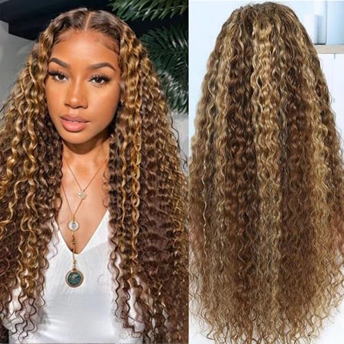 20 inch Highlight Ombre Lace Front Wig Human Hair 200 Density Honey Blonde Wig Human Hair 13x4 HD 4/27 Deep Wave Lace Frontal Wigs Pre Plucked with Baby Hair