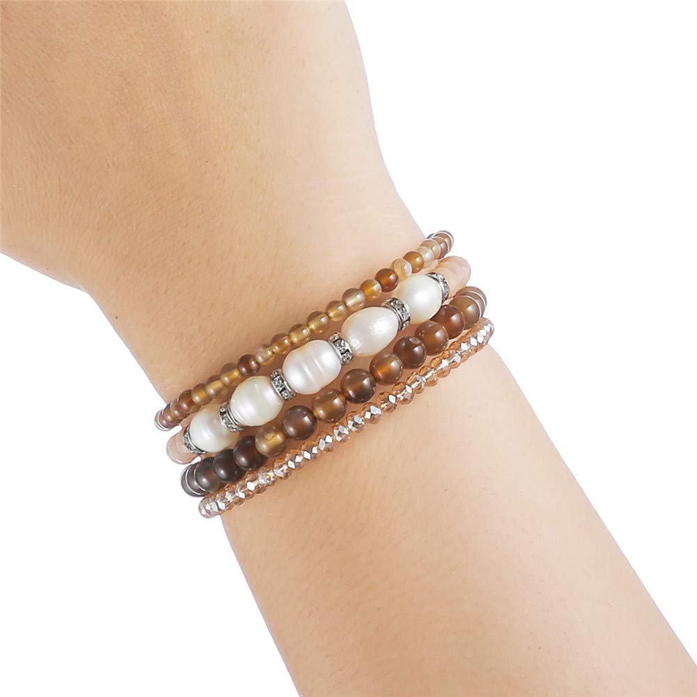Beaded Freshwater Pearl Chakra Bracelet - Multi Strand Wrap Bracelet with Natural Crystal Agate Beads, Birthday Gifts for Women(29-Brown)