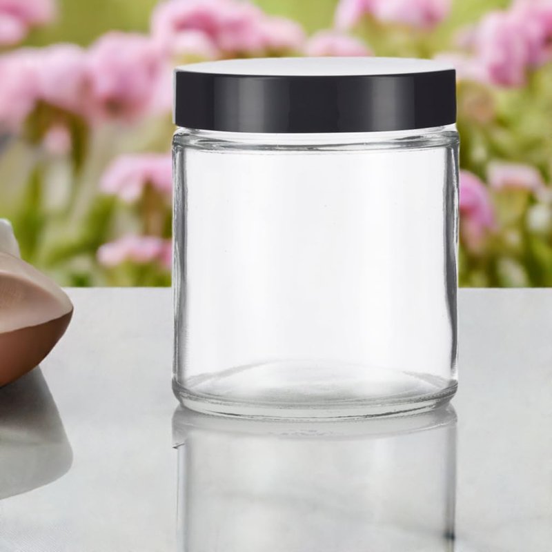 16 oz Clear Thick Glass Jar with Black Foam Lined Lid (6 pack)