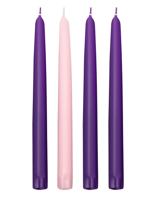 Advent Candle Set. Made in The USA Self Fitting End. Premium Hand Dipped Candles, Dripless, 4 Pack - 3 Purple, 1 Pink