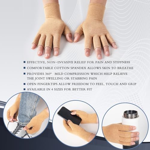 2 Pairs Arthritis Compression Gloves for Women Men, Fingerless Breathable & Moisture Wicking Compression Gloves for Relieving Carpal Tunnel Aches, Rheumatoid Pains, Joint Swell Nude L