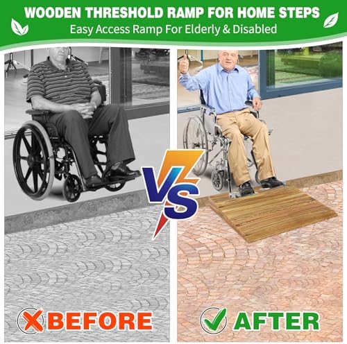 Wooden Threshold Ramp for Home Steps, 5" Rise Doorway Ramp with Non-Slip Grooves, Door Ramp for Wheelchair/Walker/Cart/Scooter, (31.4 W*5.0" H, Solid Pine Wood, 600LBS Capacity)