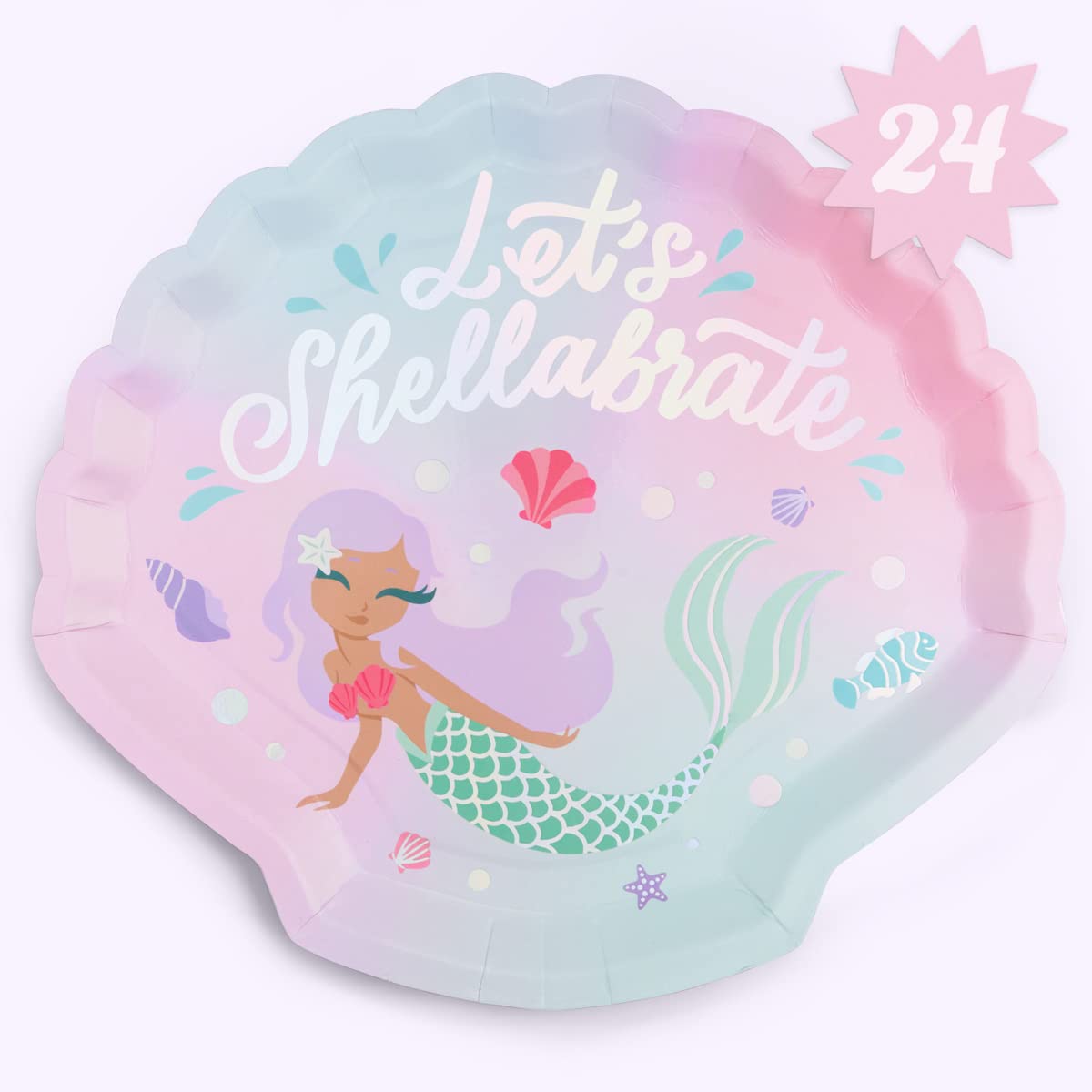 xo, Fetti Mermaid Shell Birthday Plates - 24 pk, 9" | Mermaid Bday Party Supplies, Under The Sea Decorations, Let's Shellabrate Party Favors