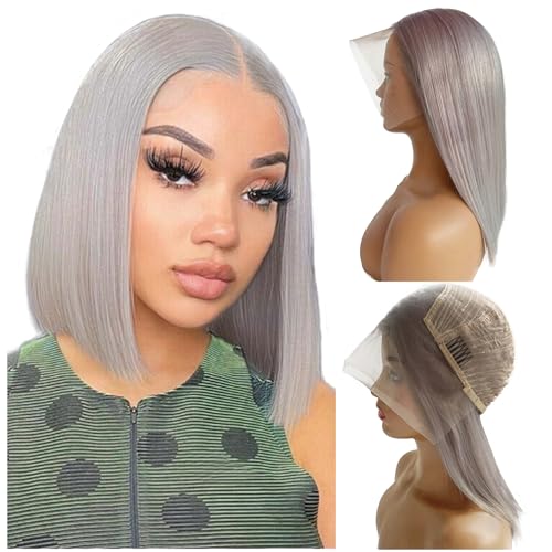 Grey Bob Human Hair Wigs 13x4 HD 180% Density Lace Front Wig Human Hair Silver Glueless Wigs Human Hair £¨16in£©