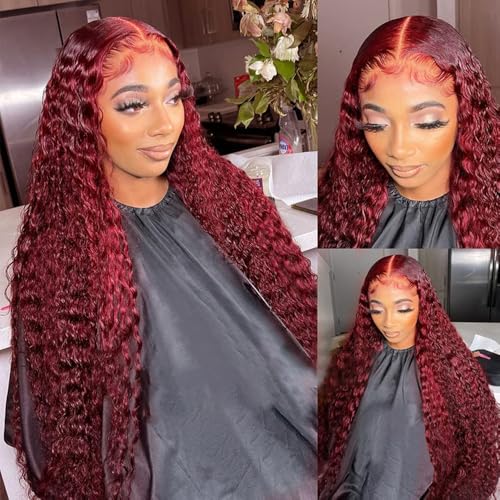99J Burgundy Deep Wave 13x6 Lace Front Wigs Human Hair 200% Density Lace Frontal Wigs Human Hair Pre Plucked 99j Burgundy Deep Curly Wave HD Lace Front Wigs for Women (16Inch)