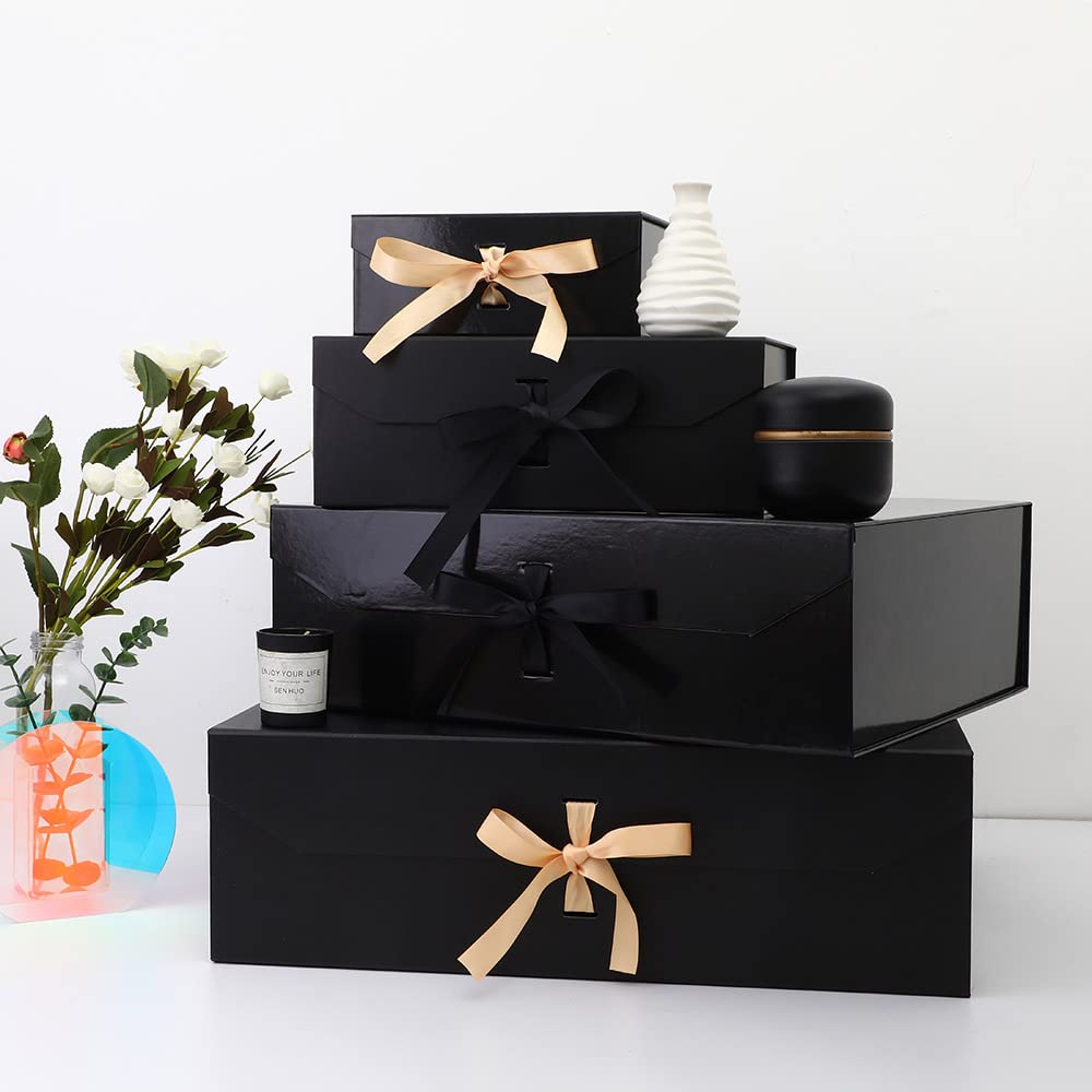 GoooodGift Extra Large Gift Box Black with Ribbon 19x16x6 Inches, Gift Box with Lid Magnetic Closure, Groomsman Proposal Box, Rectangle Collapsible Gift Boxes for Wedding Gown (Matte Black)