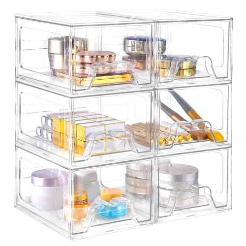 6 Pack Stackable Makeup Organizer, 4.4'' Tall Acrylic Bathroom Makeup Organizer and Storage Drawer with Pull-out Handle, Clear Plastic Storage Bins for Vanity,Pantry,Desk,Undersink,Kitchen