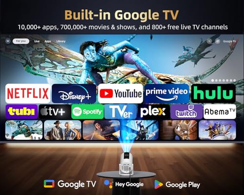 [320ANSI/Google Store/Voice Control] Smart Projector with WiFi and Bluetooth, 10,000+ Apps, Pericat 4K UHD Home Theater Portable Mini Movie Projector, Indoor & Outdoor Use [180° & Netflix-Compatible]