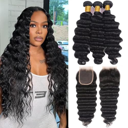 Loose Wave Human Hair Bundles with Closure(14 16 18+12 Inch,Free Part) Pre Plucked with Baby Hair 12A Unprocessed Loose Deep Wave Bundles with 4x4 Closure Human Hair
