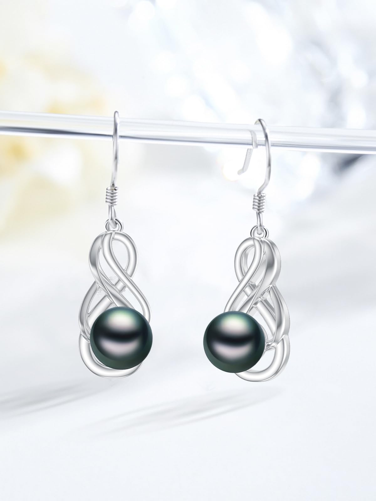 KANNSOAR 7MM Tahitian Black Pearl Dangle Drop Earrings, 18K White Gold Plated Sterling Silver Everyday Infinity Earrings for Women Wife Girlfriend Jewelry Gift for Anniversary Birthday Christmas