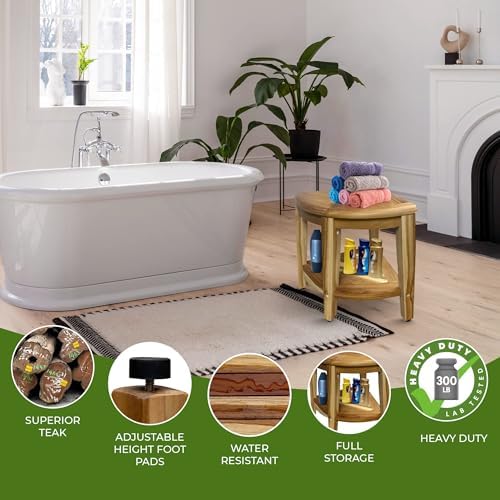 EcoDecors 18” Teak Corner Shower Stool –Waterproof Bench, Space-Saving Bathroom Seat | Compact Teak Shower Stool for Inside Shower | Sturdy 300 Pound Capacity with Shelf & Adjustable Feet