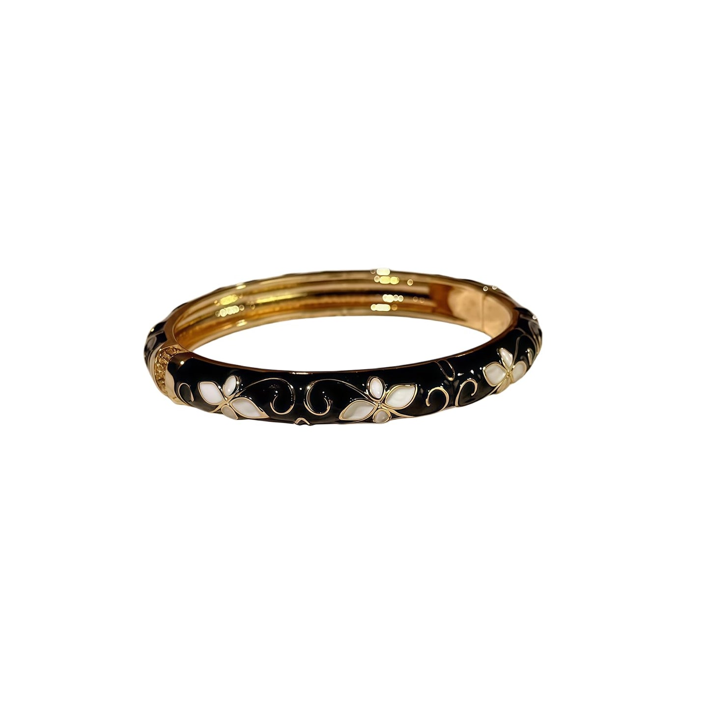 MQCEHTI Vintage Flower Cloisonne Bangle Bracelet for Women, Enamel Chunky Gold Plated Bracelets Jewelry Gifts (Black White Flower)