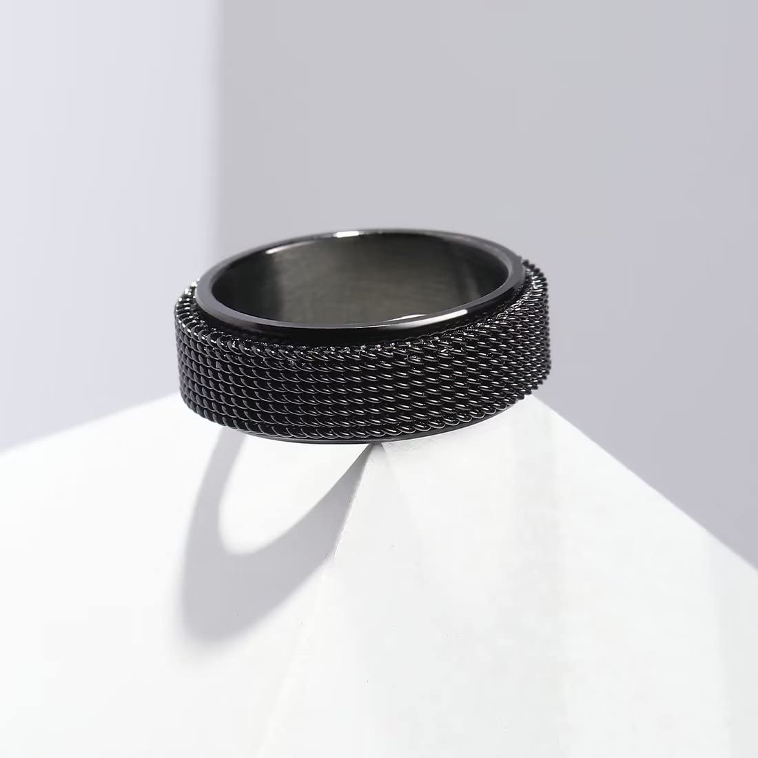 King Will Black 8mm Stainless Steel Chain Mesh Simple Plain Spinner Anxiety Ring for Women Men Wedding Band Ring Fidget Ring Mesh Chain Woven Mesh 13