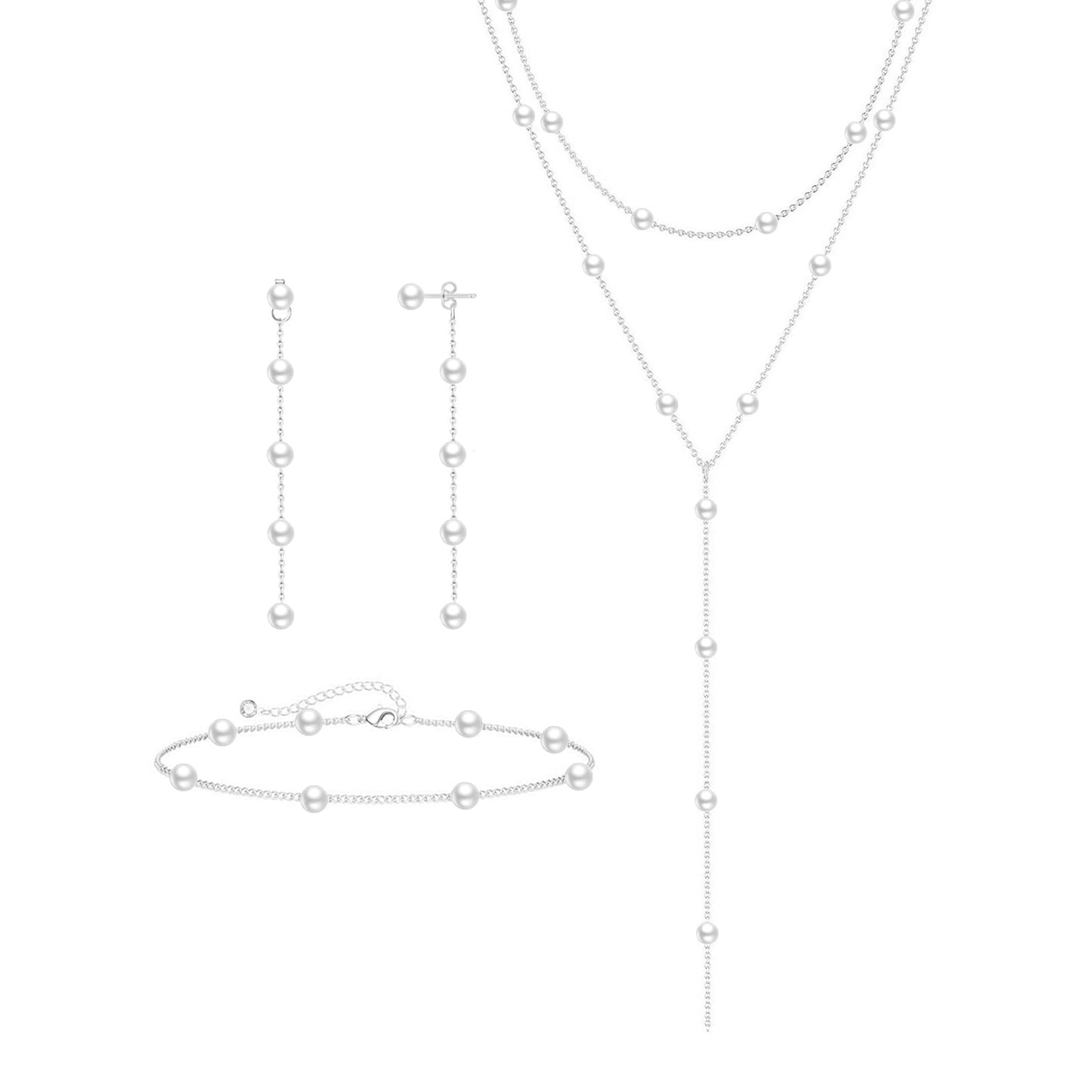 Zeffy Lariat Long Silver Necklace for Women Silver Jewelry Set Dainty Layered Pearl Y Necklaces Pearl Drop Earrings Bracelets Trendy Wedding Bride Jewelry Gift