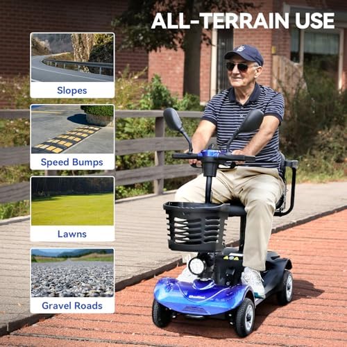 4-Wheel Mobility Scooter for Adults & Seniors - Heavy-Duty Compact Travel Scooter with Long-Lasting Battery, LED Lights, Basket & Portable Design (Blue)