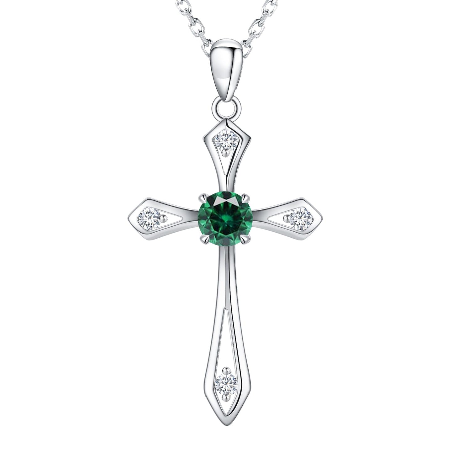Cross Necklace for Women ,925 Sterling Silver Emerald-May Birthstone Necklace Cross Pendant 5A CZ 12 Birth Months Faith Religious Fine Jewelry Valentines Birthday Holiday Gifts for Her Wife Mom
