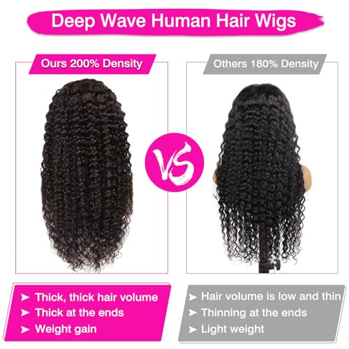 200% Density 22 Inch 13x6 Deep Wave Lace Front Wigs Human Hair Curly HD Lace Front Human Hair Wig Pre Plucked 100% Real Human Hair No Synthetic Blend No Tangle No Shedding Triple Lifespan 3X