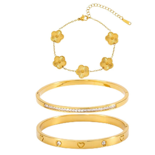 Acnode Gold Clover Bracelets for Women - Stackable Stainless Steel Nail Bracelet, Friendship & Love Bangle - Trendy Jewelry Set, Ideal Birthday Gift (Gold 3PCS)