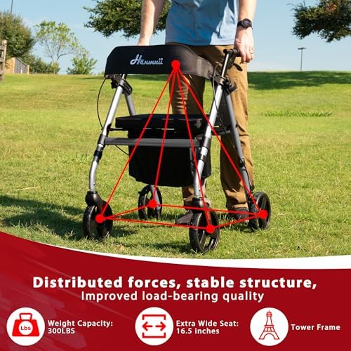 Walker for Seniors, Lightweight Rollator Walker with seat, Foldable Rolling Walker with 8 inch All Terrain Rubber Wheels, Ergonomic Adjustable Handles and Backrest for Seniors and Adult.