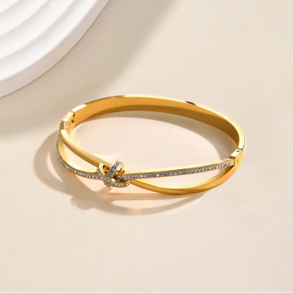 18K Gold Plated Bow Bangle Bracelet for Women Personalized Cubic Zirconia Stainless Steel Cross Bracelets Oval Butterfly Knot Bangles Bracelets Gifts for Love, Small