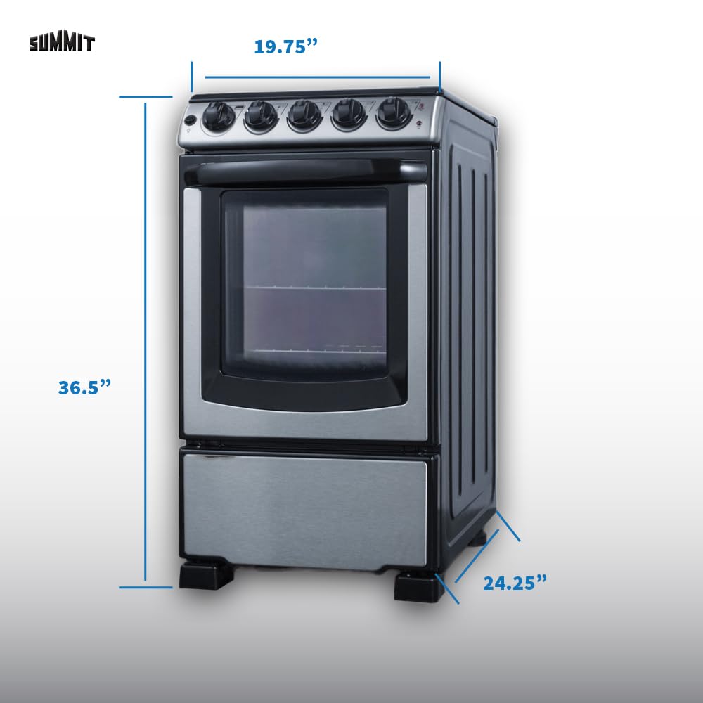 Summit 20” Electric Range, 2.3 cu.ft.Capacity Oven, Smooth Top, 220V 4 Burner Range- REX2071SSRT