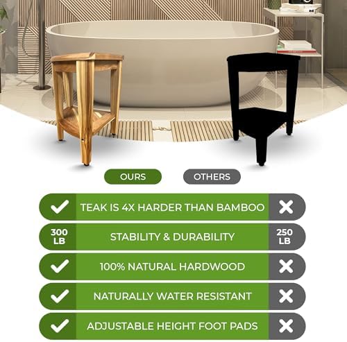 EcoDecors 18” Teak Corner Shower Stool –Waterproof Bench, Space-Saving Bathroom Seat | Compact Teak Shower Stool for Inside Shower | Sturdy 300 Pound Capacity with Shelf & Adjustable Feet