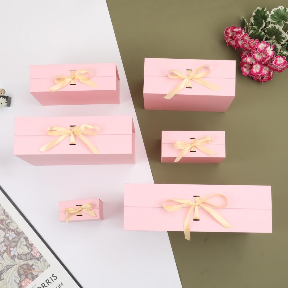 BoxSkivra Large Pink Gift Box with Ribbon 1 Pack 16.5X13X5.3 Inch Extra Large Gift Box with Lid Magnetic Closure Rectangle Collapsible Luxury Boxes for Mother's Day、Shredded Paper Filler & Card