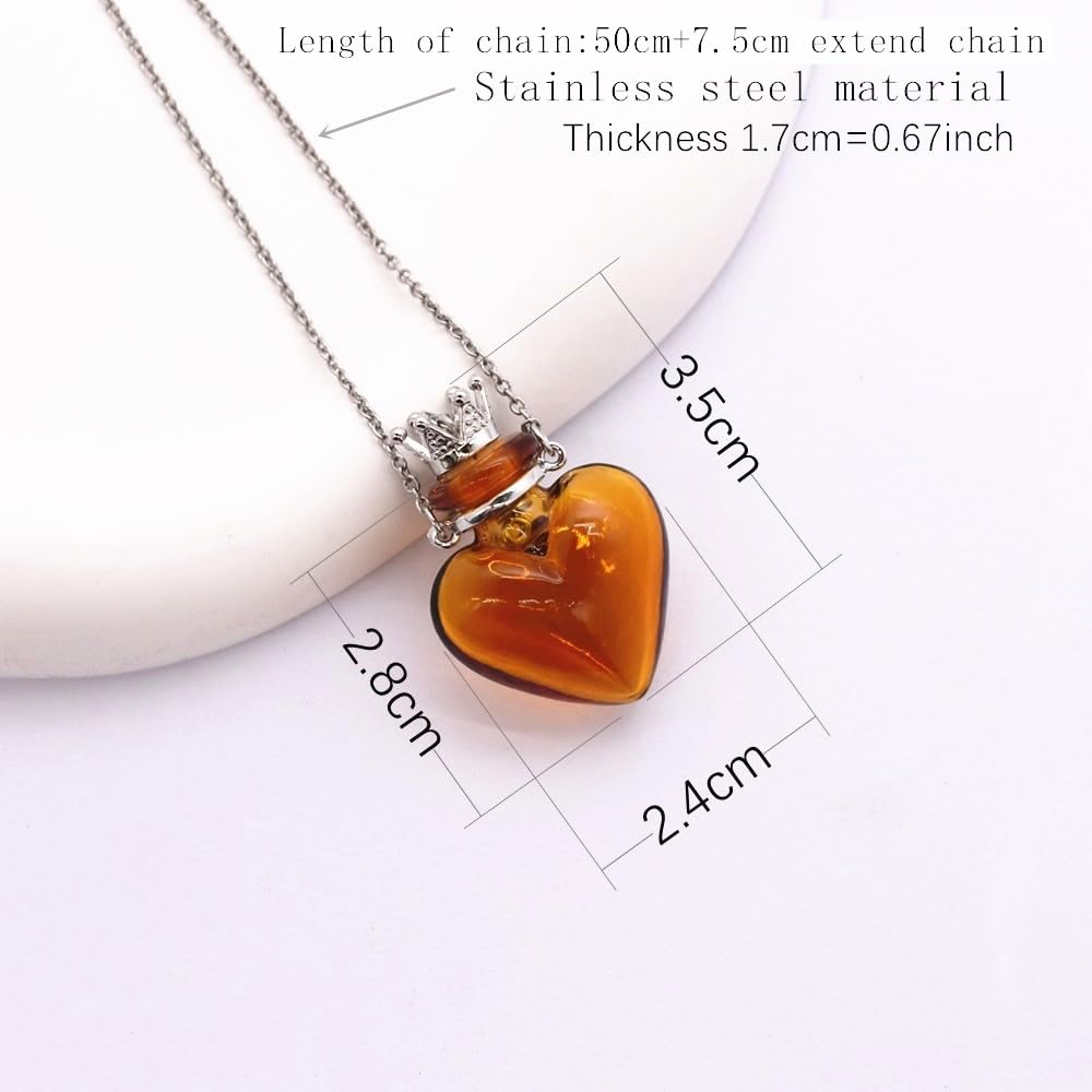 Glaze Glass Heart-Shaped Refillable Essential Oil Necklace Pendant - Aromatherapy Perfume Diffuser Pendant with Stainless Steel Chain (Brown)